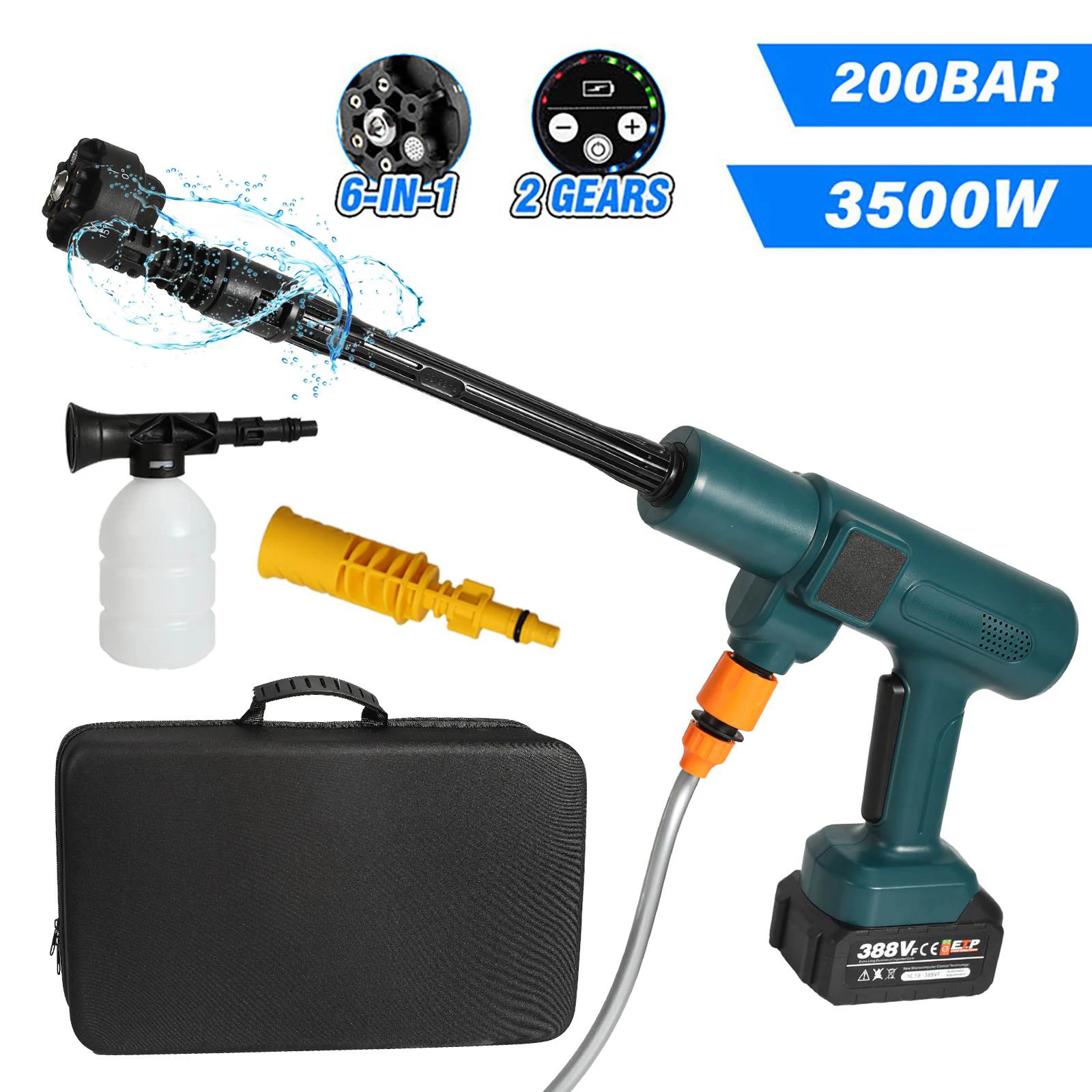 3500W 200bar Cordless High Pressure Car wash Spray Water Gun mAh Battery Foam teacher Car Washing Machine for Home