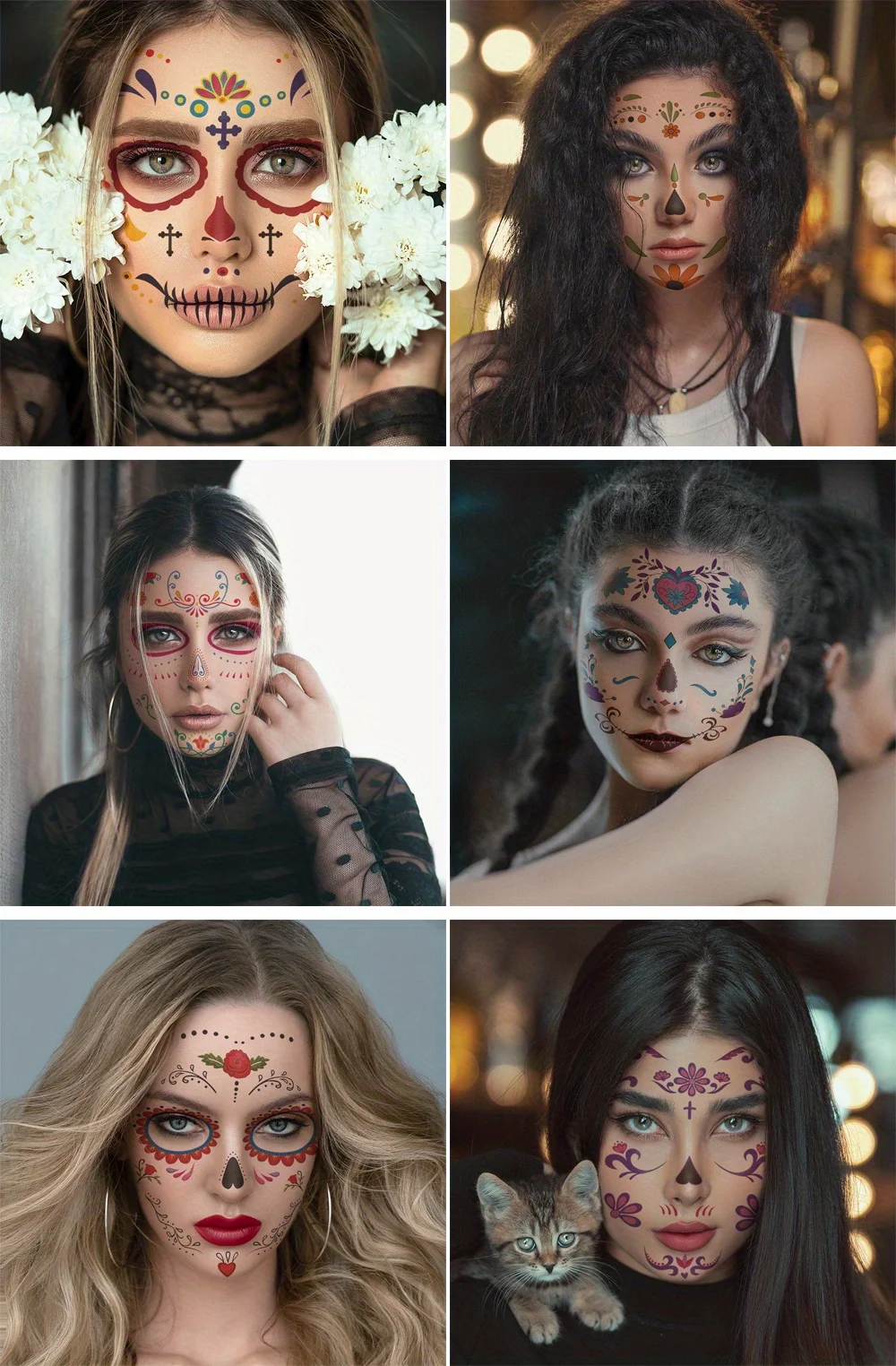 Halloween Temporäre Tattoos Aufkleber Tag der Toten La Catrina Gesicht Tattoos Schädel Wasserdichte Tattoos Aufkleber Party Make-Up Aufkleber – Detail 5