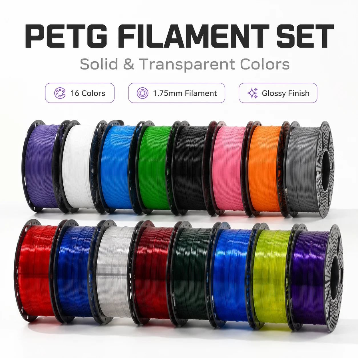 PETG 3D Printer Filament 1.75mm, 16-Pack Assorted Solid & Translucent Colors, 1kg per Spool (Total 16kg), Dimensional Accuracy +/- 0.03mm, Fits Most FDM Printers