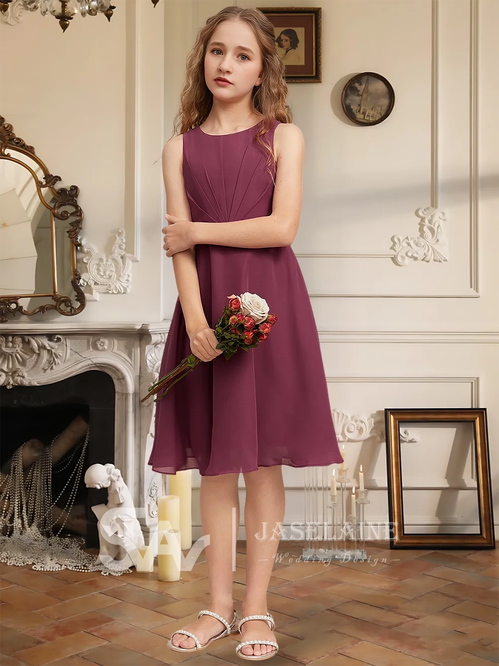 Elegante abito da damigella d'onore junior in chiffon con scollo a barchetta e lunghezza al ginocchio, abito da ragazza di fiori, convertibile, per feste, matrimoni, speciali formali