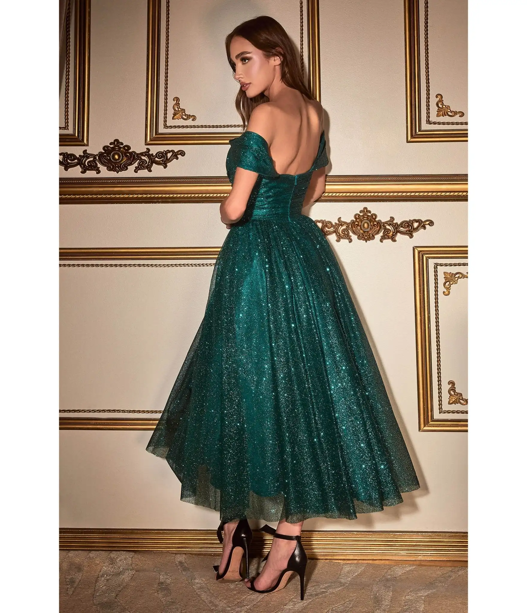 Off Shoulder Chá Comprimento Glitter Vestidos Homecoming com bolsos A linha Querida Prom Vestidos drapeados mangas Vestidos de graduação