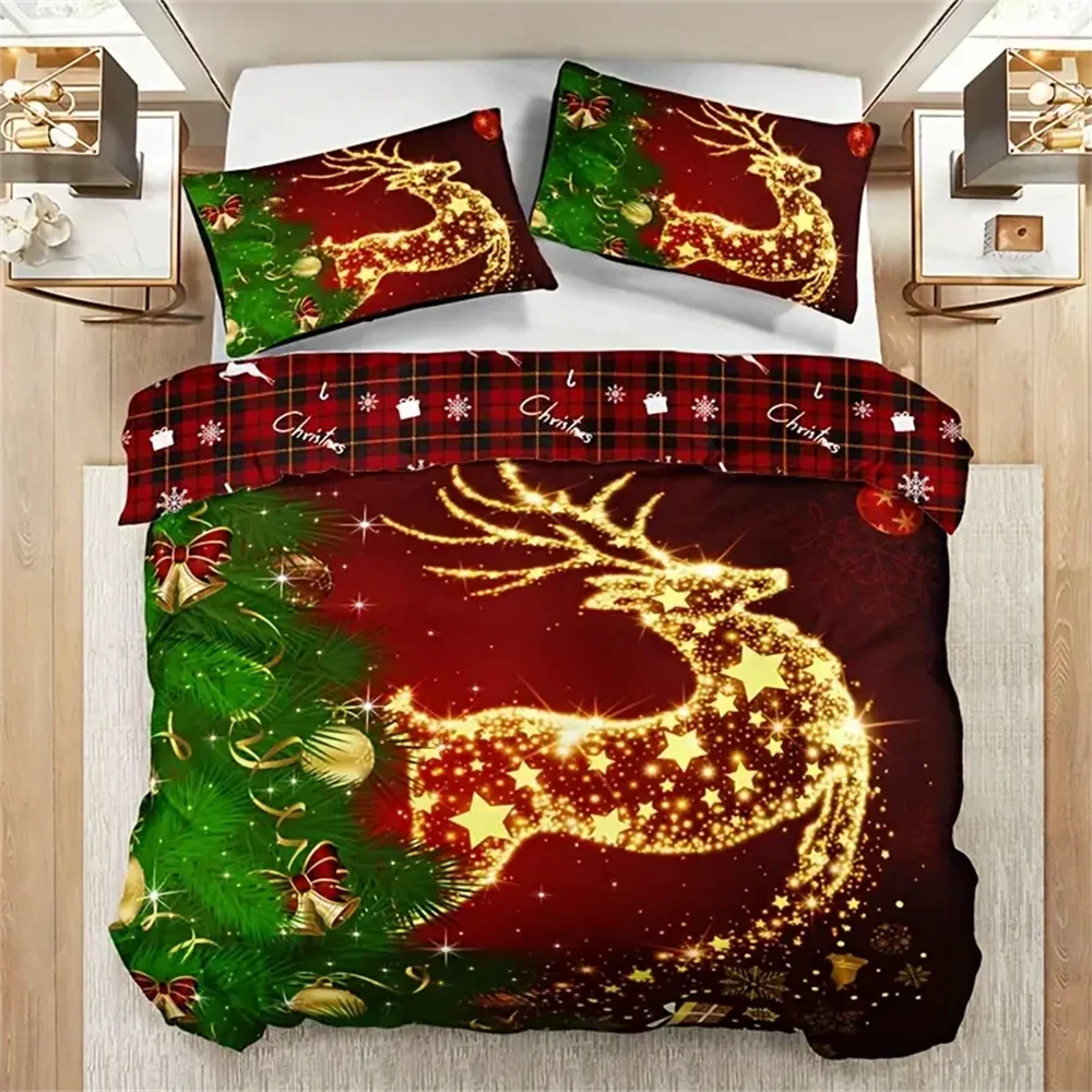 3pcs Christmas Bedding Set - Soft & Breathable Polyester, Includes 1 Duvet Cover and 2 Pillowcases with Festive Golden Star
