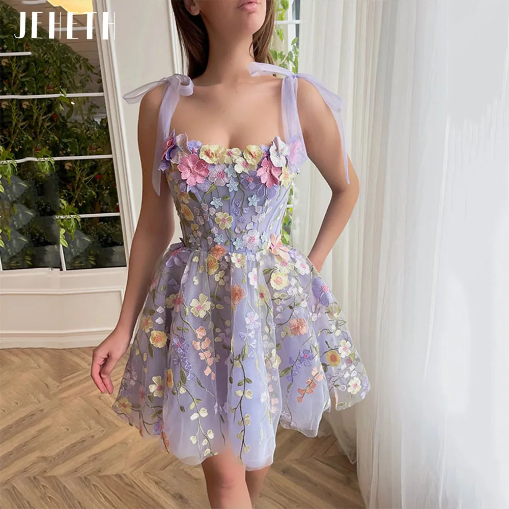 JEHETH Purple Pastoral Prom Dress Flowers Evening Fairy Floral Spaghetti Straps Party Gown Backless A Line فساتين مناسبة رسمية