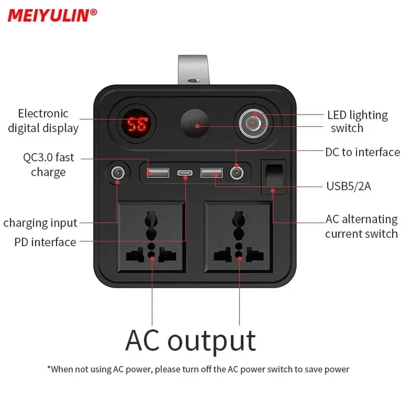 Estação de Alimentação de Gerador Solar, Bateria Auxiliar Portátil, Inversor do Banco de Potência, USB C, PD para Acampamento ao Ar Livre, 90000mAh, 300W