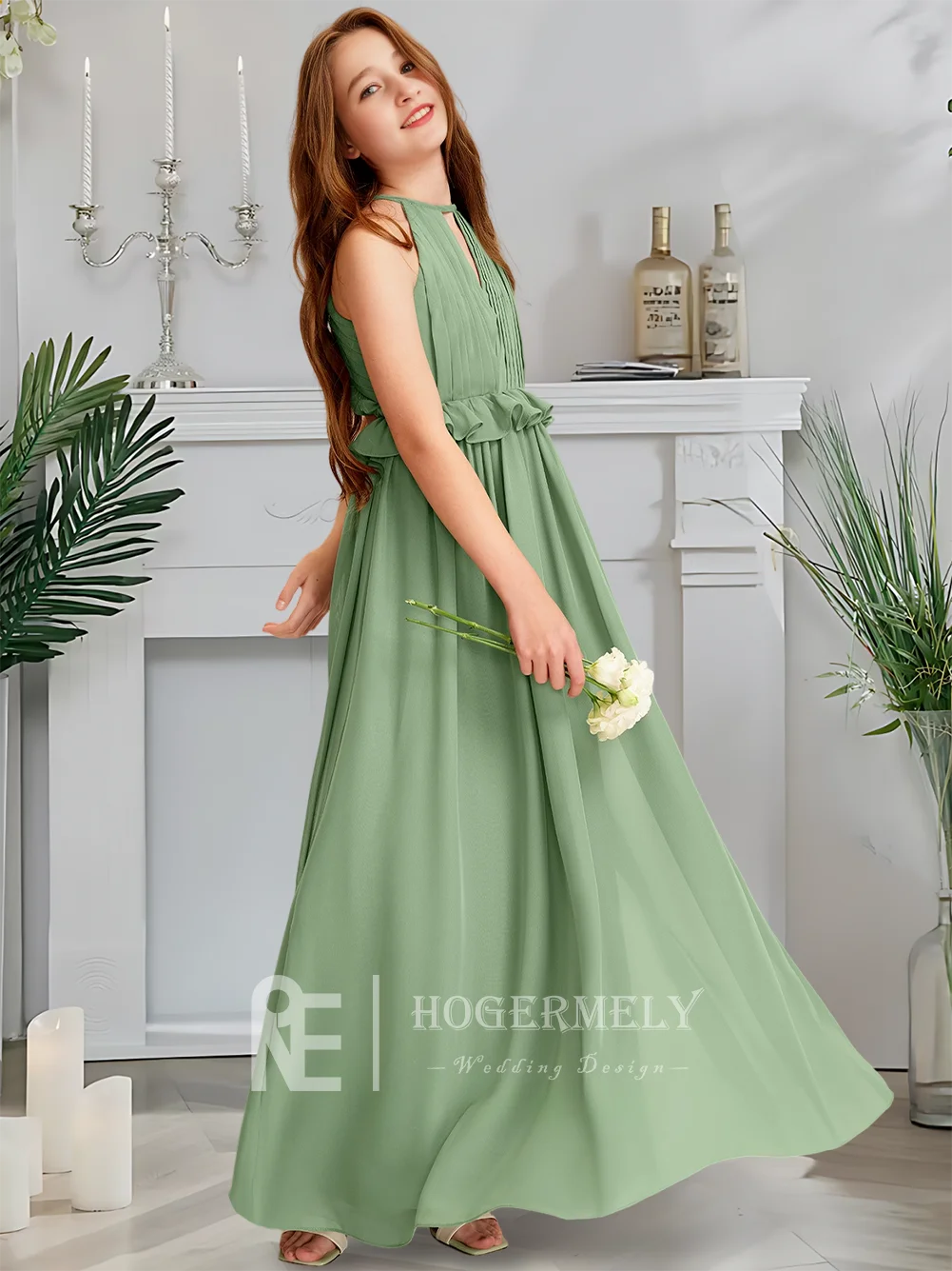 Luxuriöses Neckholder-Kleid für junge Brautjungfern, Wald-Basilikum-Blumenmädchenkleid, bodenlanges Chiffon-Hochzeitskleid mit kaskadierenden Rüschen
