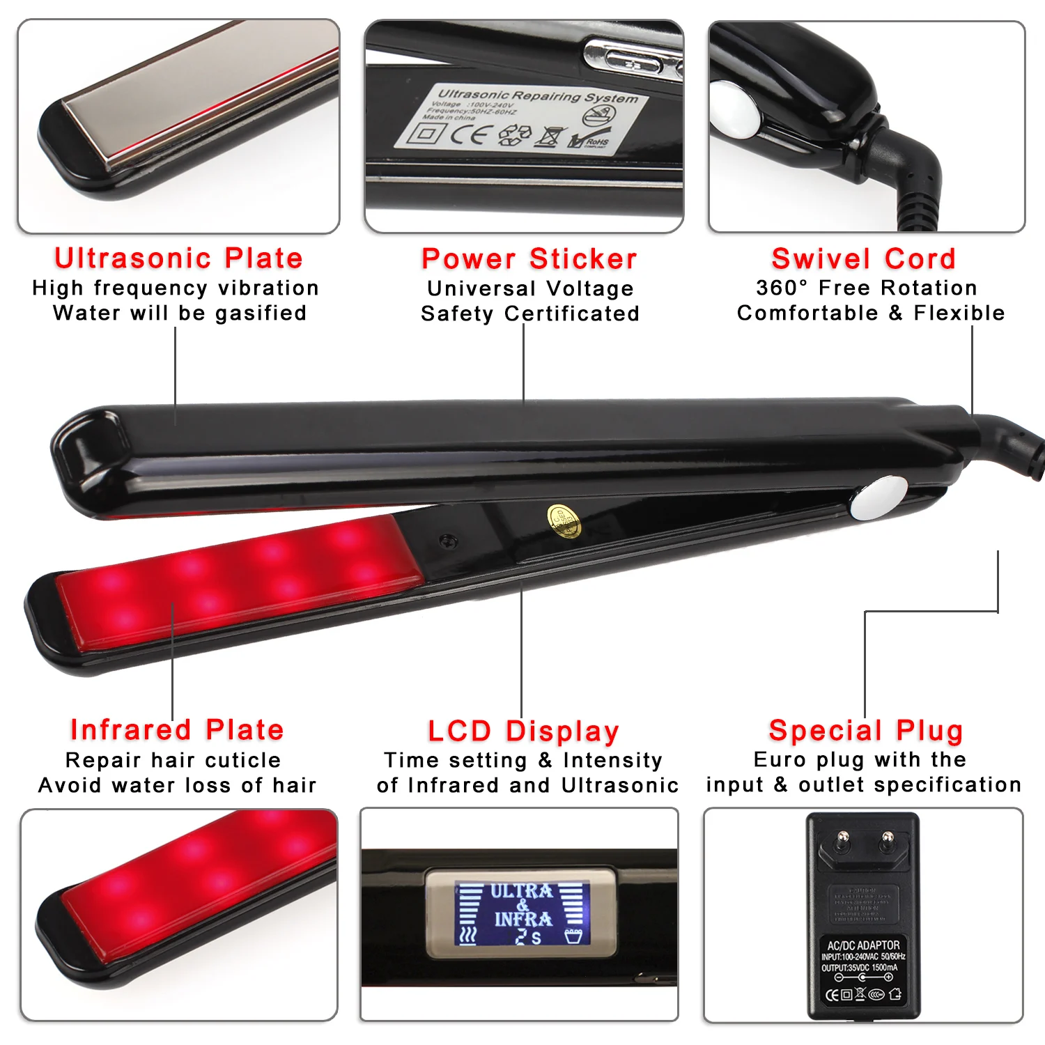 Hair Flat Irons Infrared Hair Straightener with Ultrasonic Cold Hair Care Iron Keratin Treatment for Frizzy Hair Recover Damaged