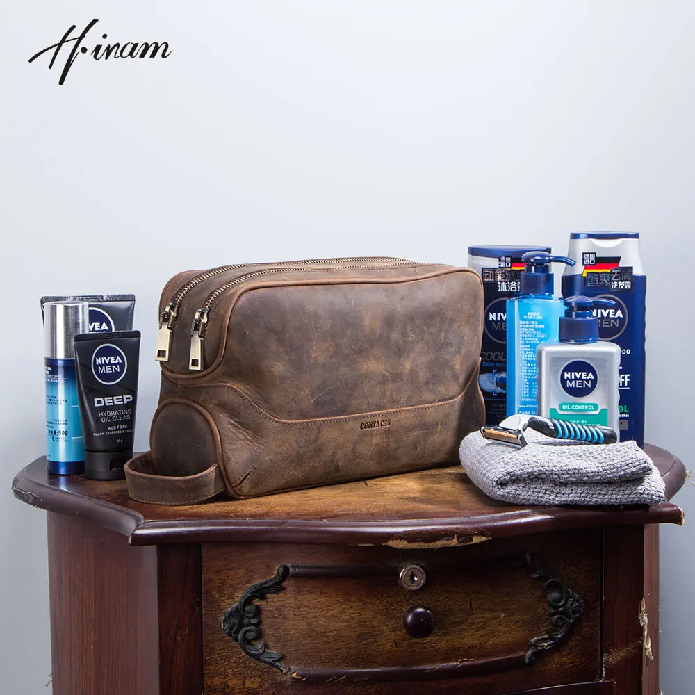 Imagem -03 - Hiram Luxury Genuine Leather Toiletry Bolsa Bolsa Cosmético com Grande Capacidade Bolsas para Homens Bolsa Portátil de Viagem Zíper