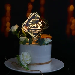 Gepersonaliseerde Mr En Mrs Naam En Datum Cake Topper Moderne Led Wedding Cake Topper Gegraveerd Acryl Aangepaste Tekst Cake Topper