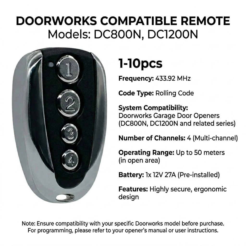 

Doorworks DC800N/DC1200N Garage Door Remote Control 433.92MHz Rolling Code Transmitter