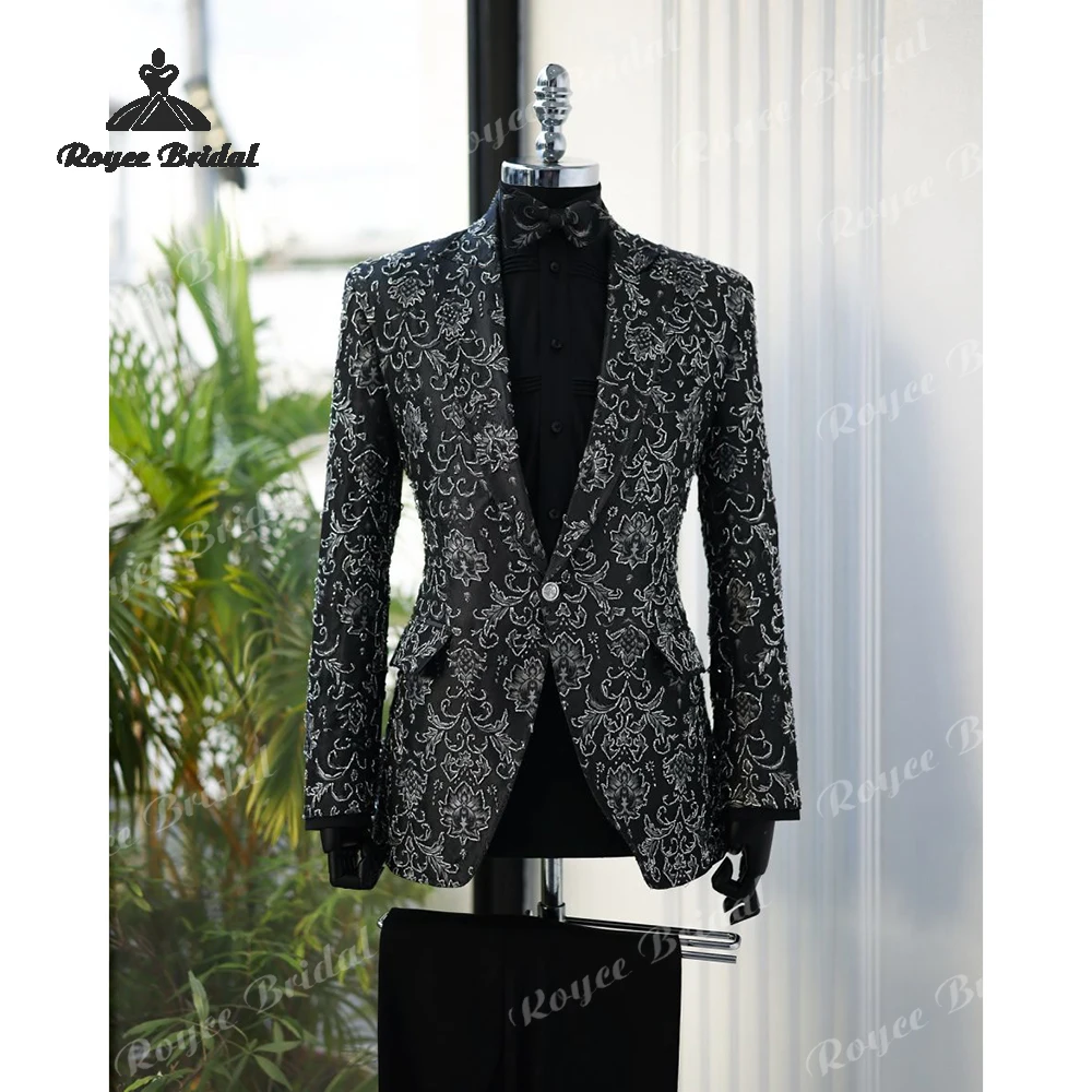 

Luxury Silver Beads Two Piece Wedding Men's Suit Single Breasted Embellished Evening Prom Tuxedo costume homme mariage