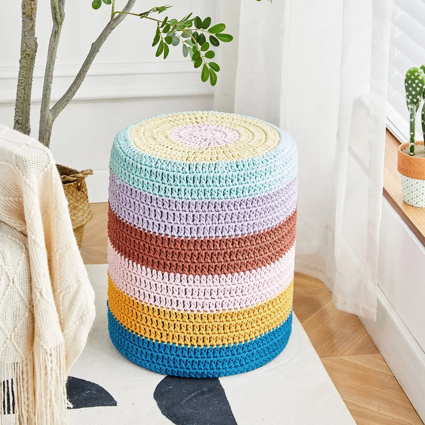 

14'' Round Pouf Ottoman Hand Knitted Cotton Footrest Boho Decor Knit Floor Stool Hollowed Removable Knitted Cover Accent Seat