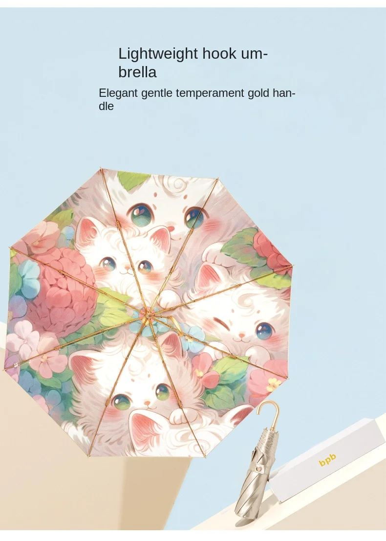 Cute Animal Cats Foldable Umbrella with Golden Hook for Women, Lightweight Tri-Fold, UV Polyester, Aluminium, Travel Umbrella