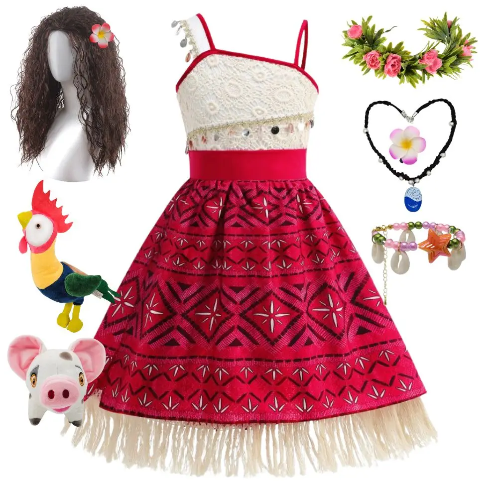 Vestido de Moana para niña, disfraz de princesa para niña, ropa de verano, collar de Vaiana hawaiana, traje de fiesta de Carnaval y Halloween