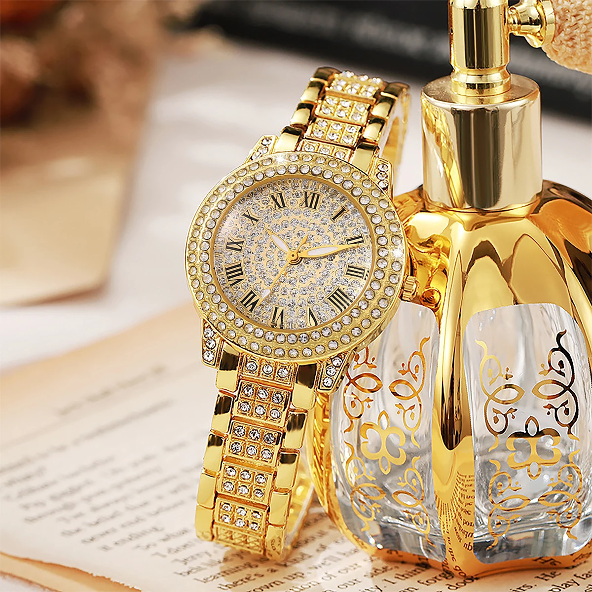 7-piece set, women's luxury round dial quartz watch paired with a large gold flower bracelet, necklace, earrings, and ring set, alloy wristwatch, women's gift set for daily wear, parties, weddings, and various occasions such as work and holidays