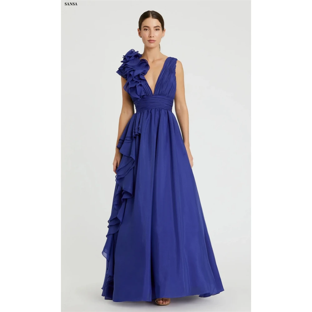 

Sansa Customized A-Line Backless Multilayer Pleats V-Neck Prom Dresses Sleeveless Vestidos De Noche Floor-Length Evening 2025