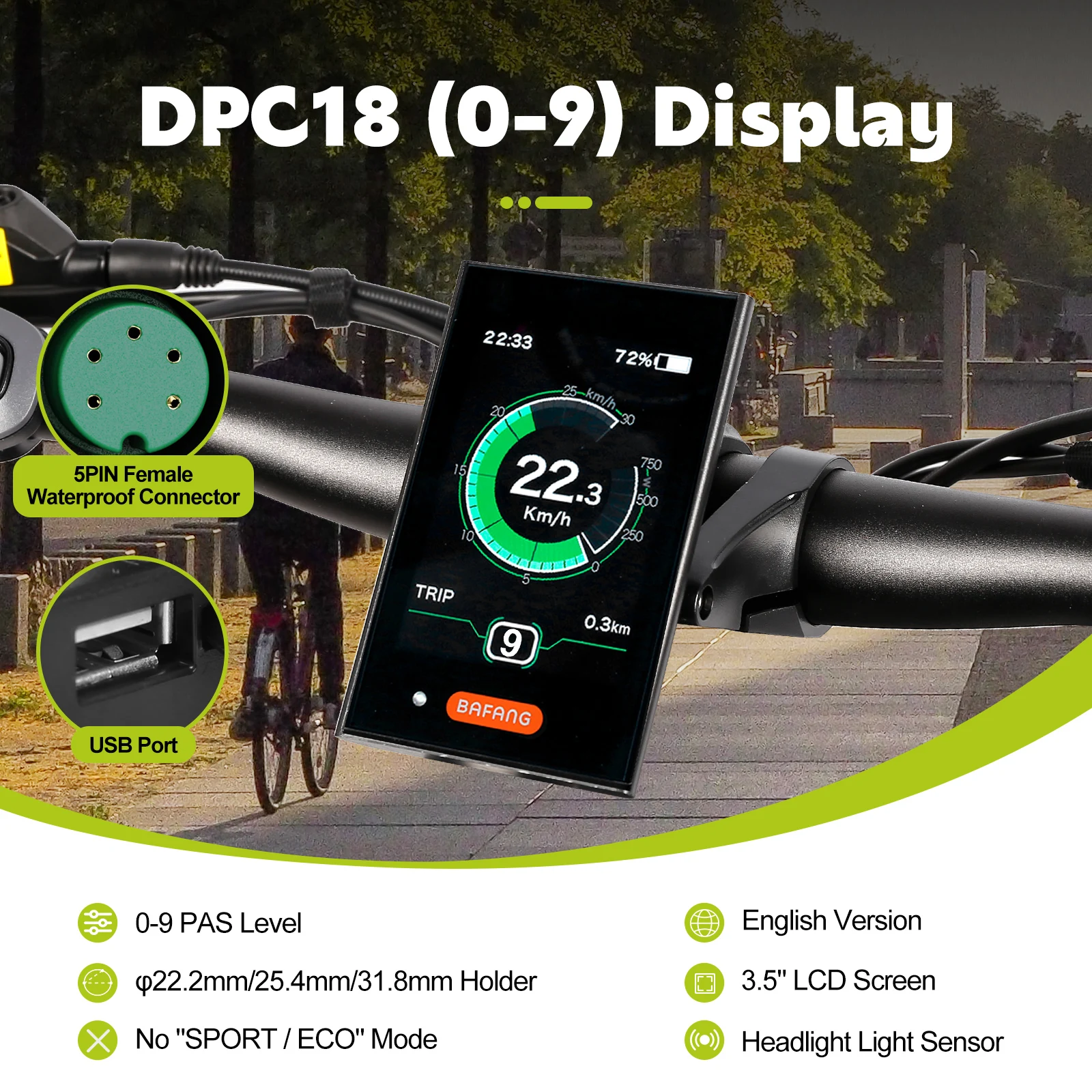 BAFANG DPC18 Ebike Display For BBS01B BBS02B BBSHD Mid Motor Hub Motor 0-9 PAS Electric Bike Computer 3PIN Female UART Protocol