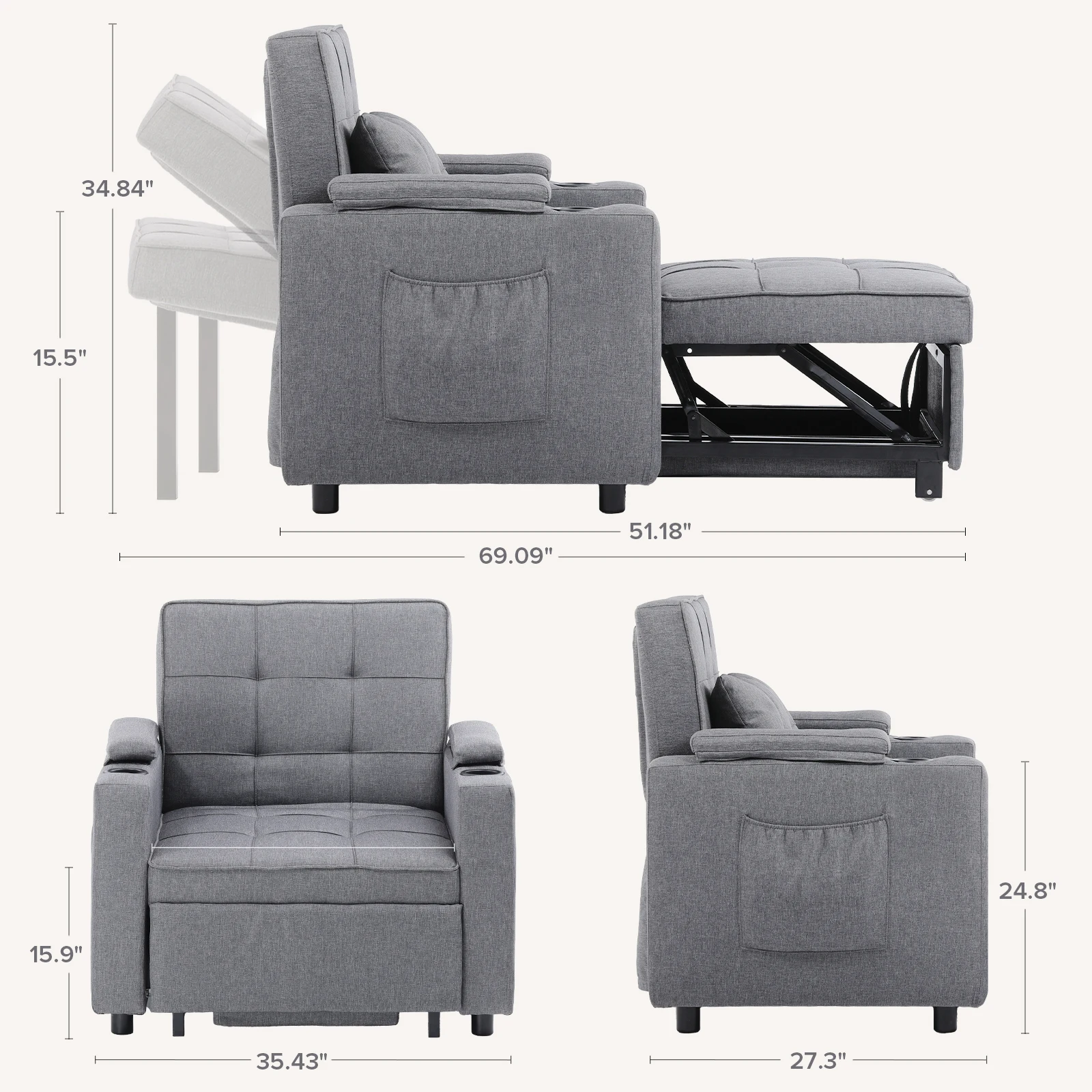 Comhoma Convertible Sofa Bed Armchair with Cup Holders, 3-in-1 Futon Bed Chair with Side Pocket (Drak Grey)