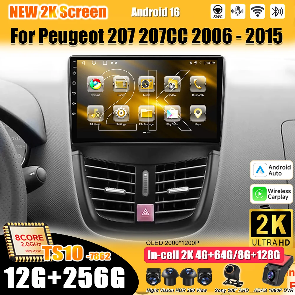 Radio Multimedia para Auto Android 16 para Peugeot 207 207CC 2006-2015, Reproductor de Video 2 DIN, Carplay, Bluetooth, Pantalla Táctil, 8 Núcleos, Wifi, 4G