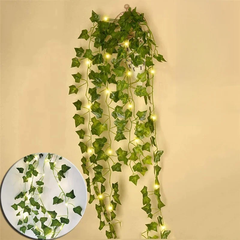 Guirxiété de Cuir oral elu Artificiel avec 30LED, 2m, Fausses Plantes Artificielles, Batterie, 62 Guirlandes Lumineuses en Cuivre pour Décoration de Mariage et de Maison