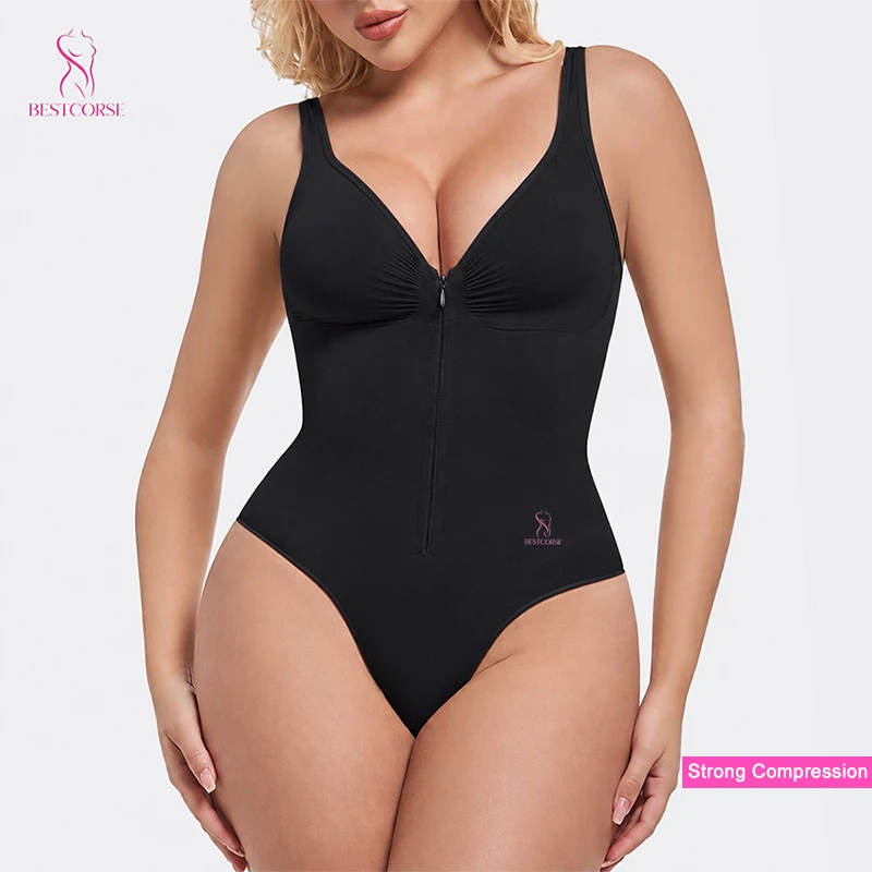 High Compression Zipper Corset Shapewear Bodysuit Thong Seamless Body Shaper Tummy Control V-neck One Piece Sculpting