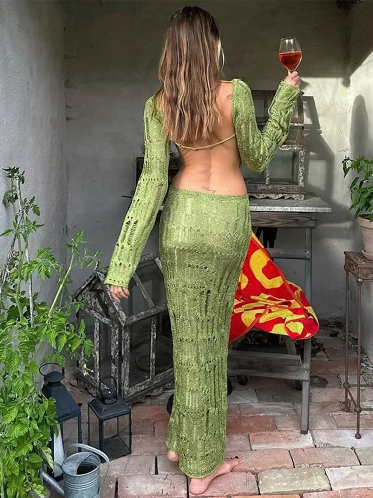 TARUXY See Through Backless Sexy Jurk Voor Vrouwen Zomer Hol Gebreide Maxi Jurken Femme Club Fashion Solid Vestido Vrouw - afbeelding 2