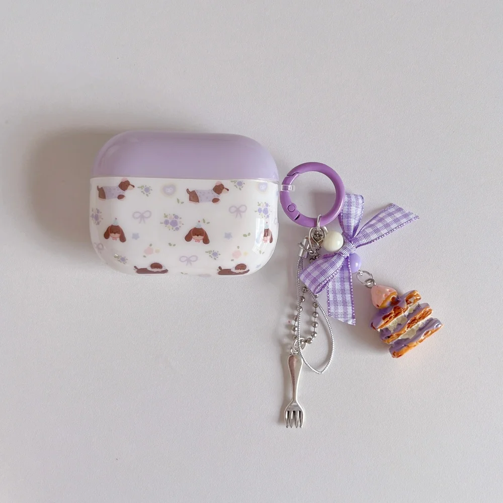 

Cute dachshund earphone protective cover with light purple bow, suitable for AirPods 4/3/2 Pro/2/3 new earphone shockproof cover