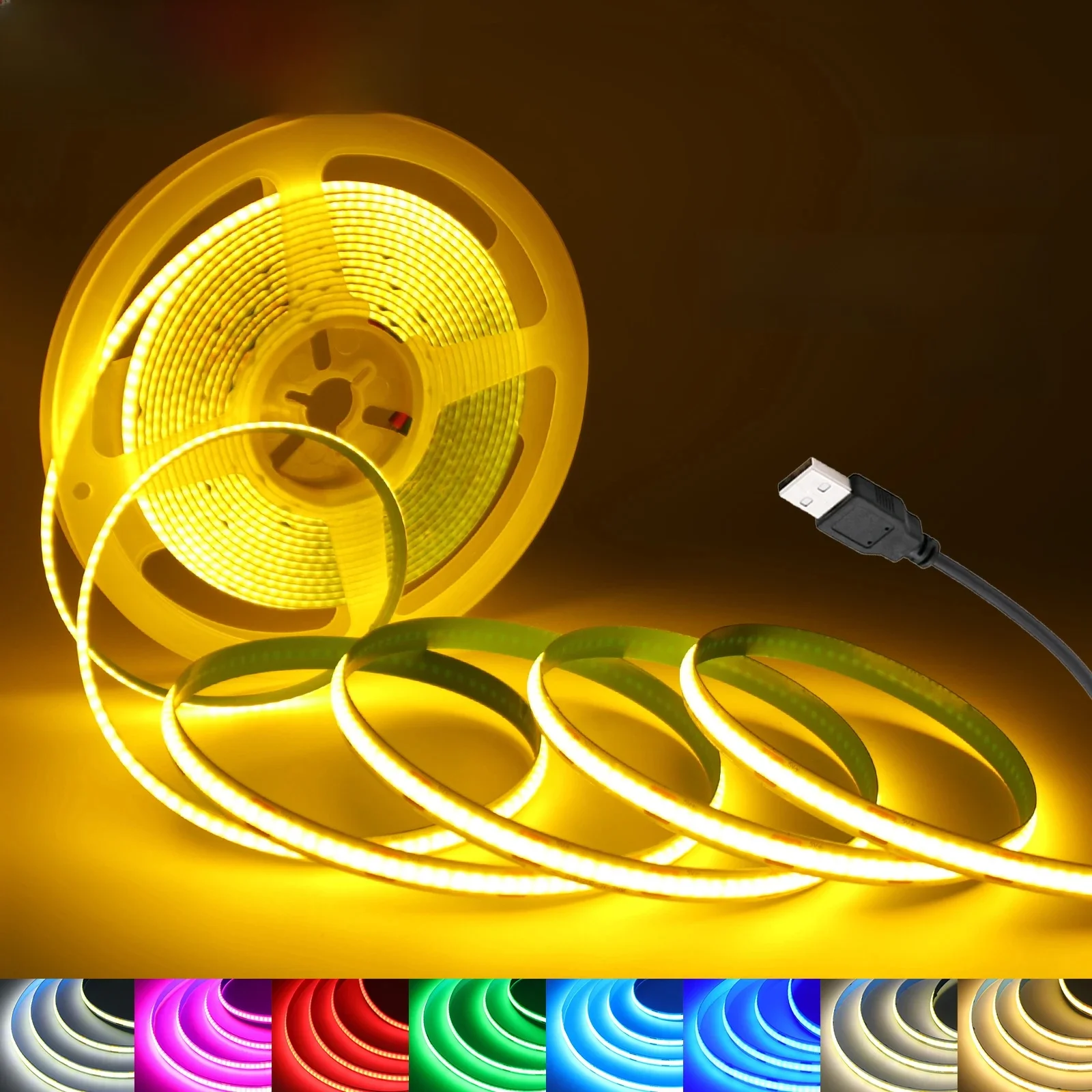 Bande lumineuse Led COB USB DC5V, blanc/rose/rouge/jaune/bleu glace/vert, 8MM, 320 diodes/M, veilleuse Flexible pour décoration de maison, rétro-éclairage TV