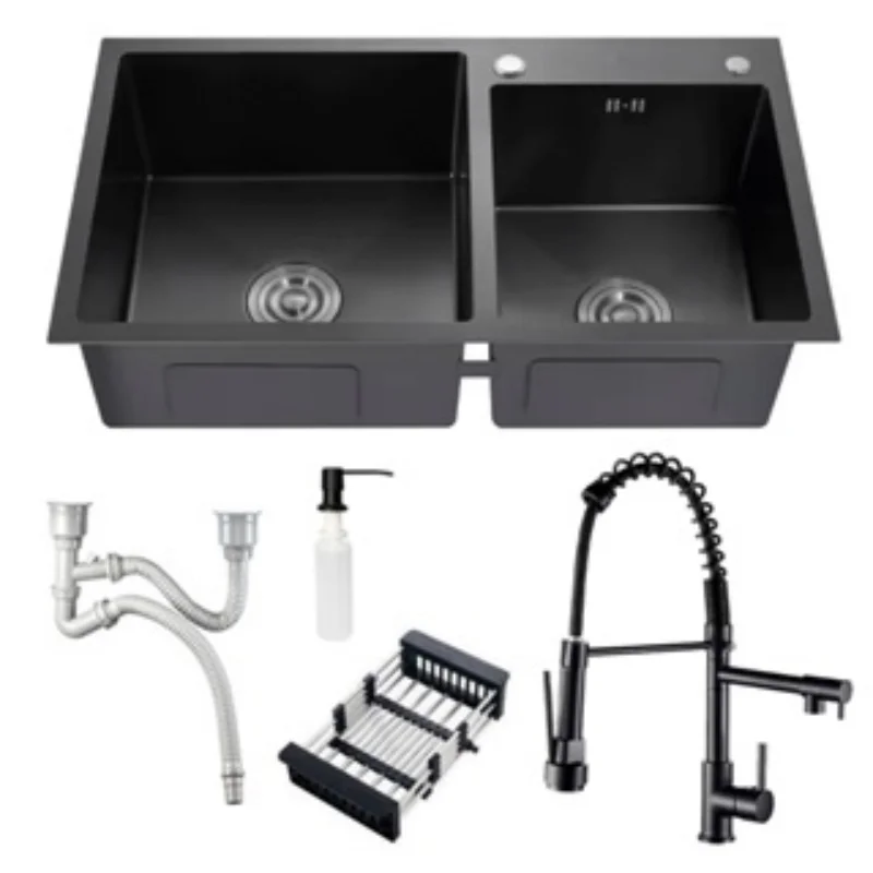 Full Sink Double Cuba Kit With Accessories Black Gourmet Kitchen And Single Command Faucet 2 Outputs Stainless Steel Brinovar 304