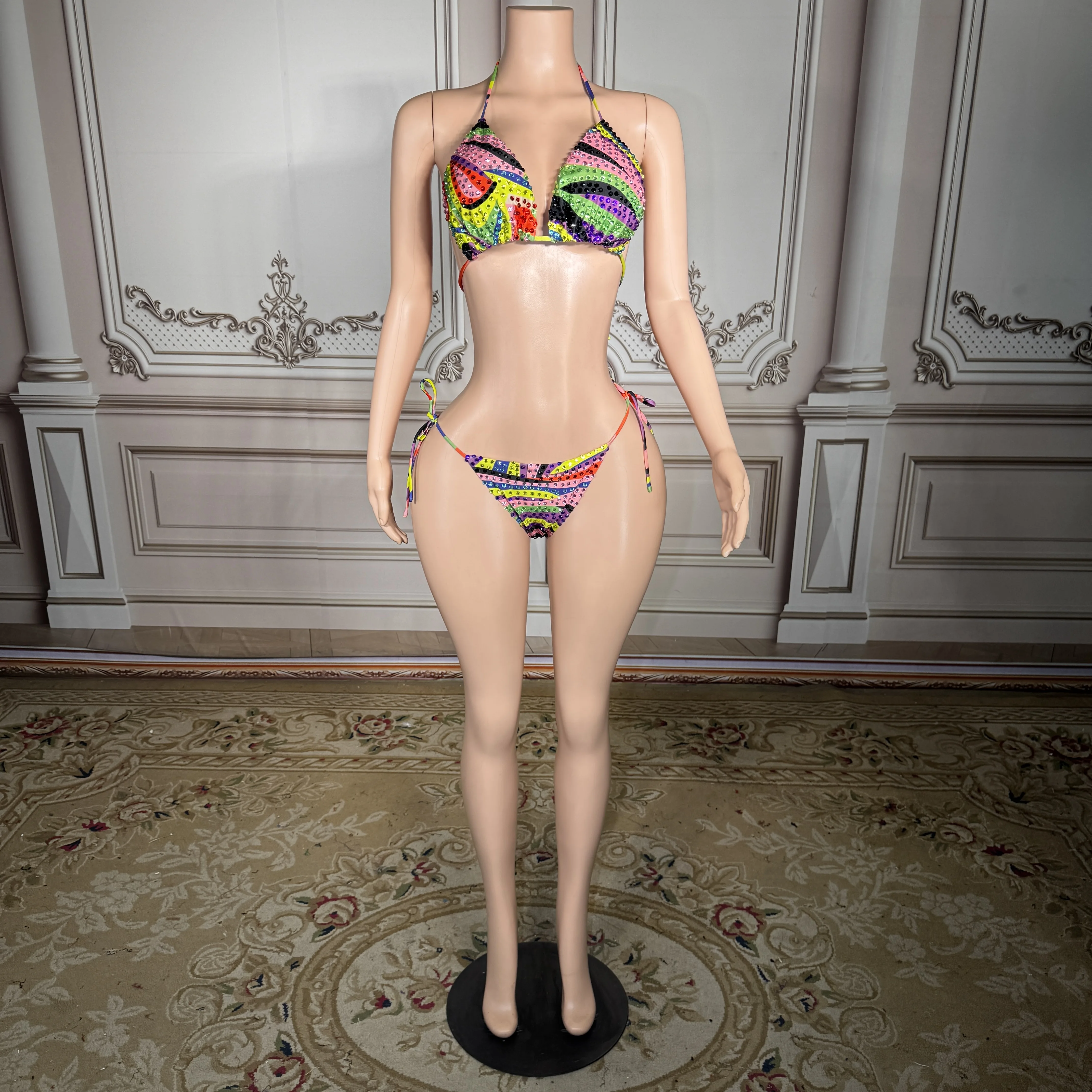 

ZD New Sexy Graffiti Pop Rhinestone Bikini Women Luxury Neon Multi-Color Triangle Top Swimsuit