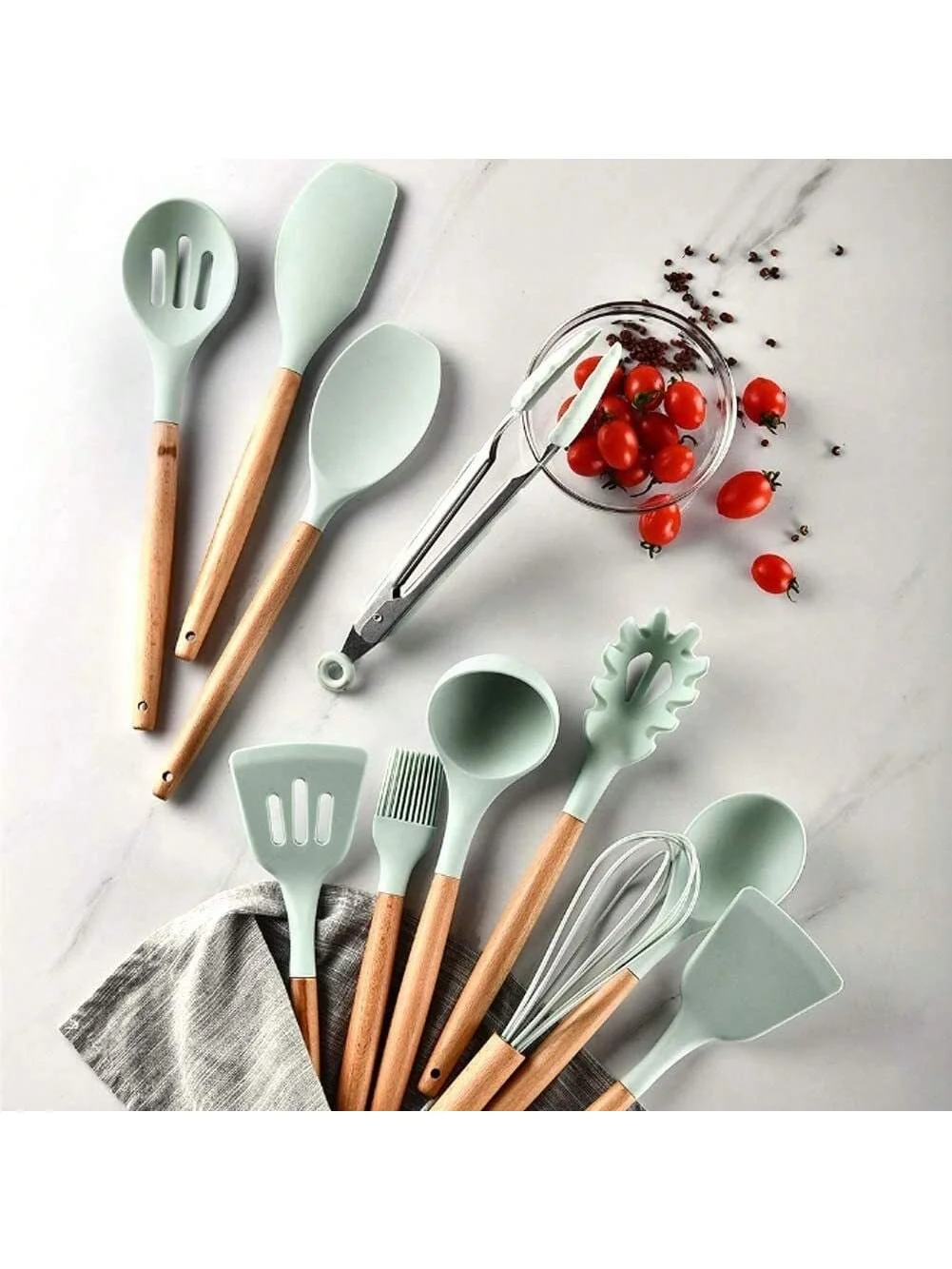 Kit C/12/Peças Utensílios De Cozinha Colheres Espatula Silicone Cabo Madeira Decoração Livre BPA