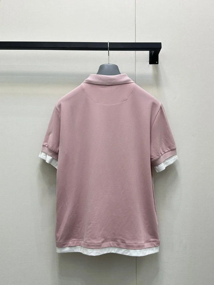 

2025 Women T-shirt Summer Autumn New Fashion Fake Two POLO Collar Short Sleeve Preppy Commuting Leisure