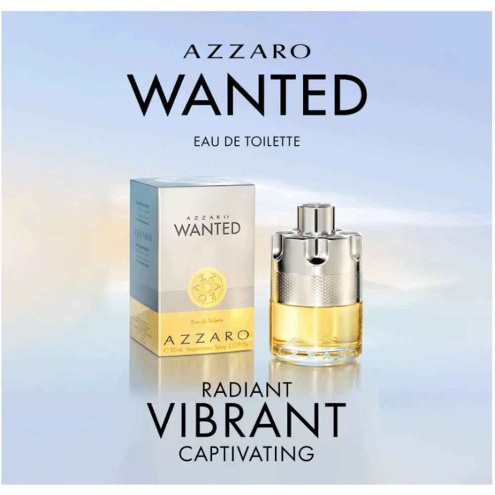 Azzaro Wanted EDT 100ml Men's Fragrance, featuring a bold, edgy design with fresh spicy and warm woody notes for an enhanced scent experience. Perfect for commuting, dates, and casual gatherings—ideal for sunny, carefree, young men,