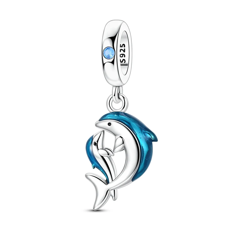 925 Sterling Silber Blaue Charms Walhai Meeresschildkröte Delfin Seepferdchen Anhänger Perle Passend für Original Armreif Armband Charms Schmuck