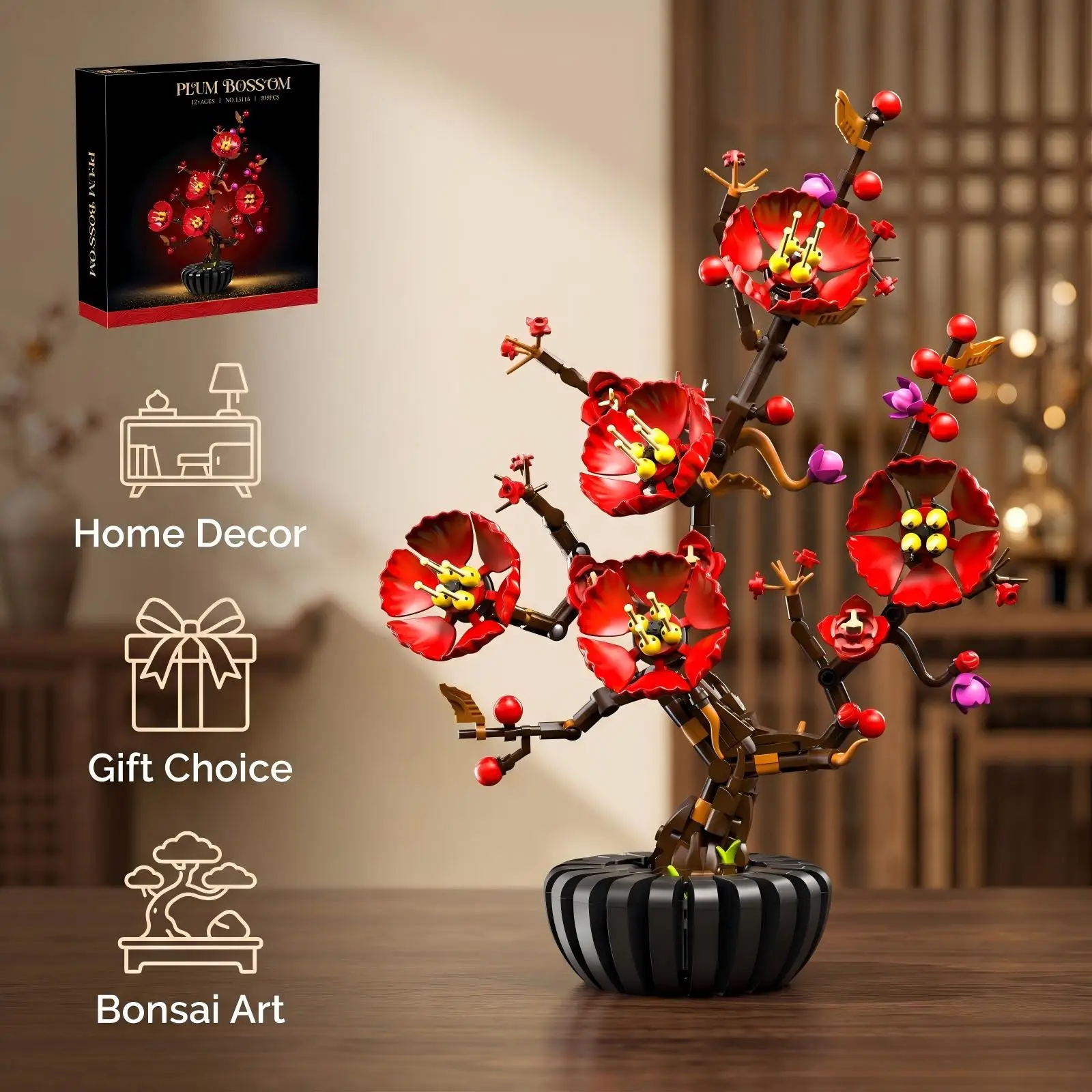 Plum Blossom Bonsai Building Kit, 599 Pieces Floral Block Set, Poseable Branch DIY Model, Never-Wilting Desk Shelf Home Office Decor Tree, Creative Gift for Teens Adults Ages 14+ Collector Living Space