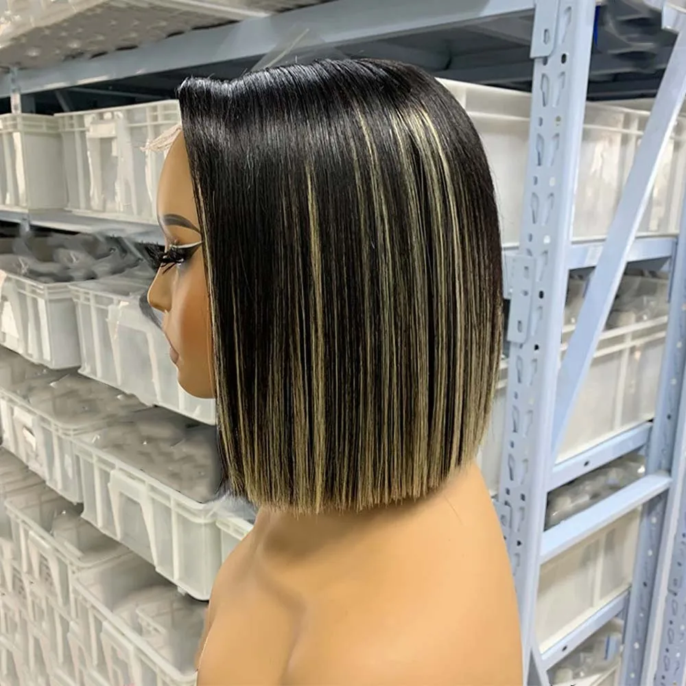 

12A Bone Straight Short Bob Wig with Highlights 2x6 Lace Closure Wig Human Hair Middle Part 10inches Brazilian Hair