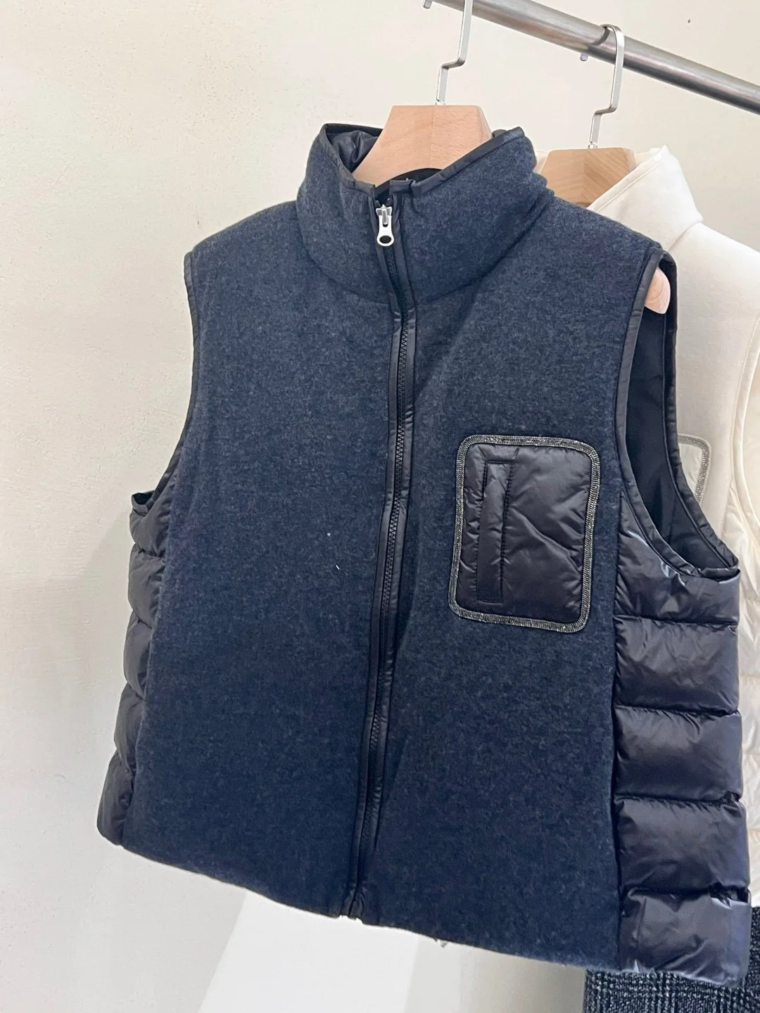 Mid season wool stand collar goose down vest