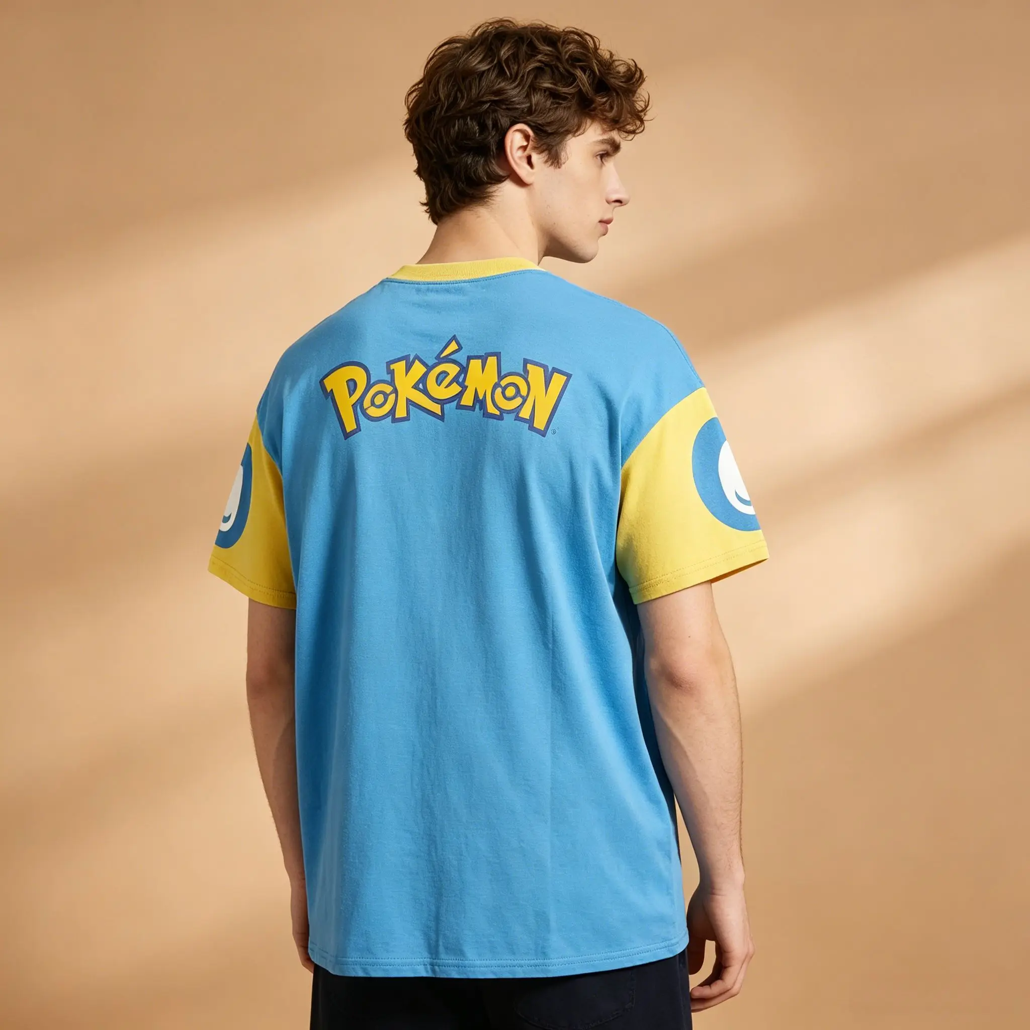 Men's Raglan Anime Graphic T-Shirt, Light Blue Yellow Color Block Pokemon Mudkip Water Type Print Sleeve Symbol Soft Breathable