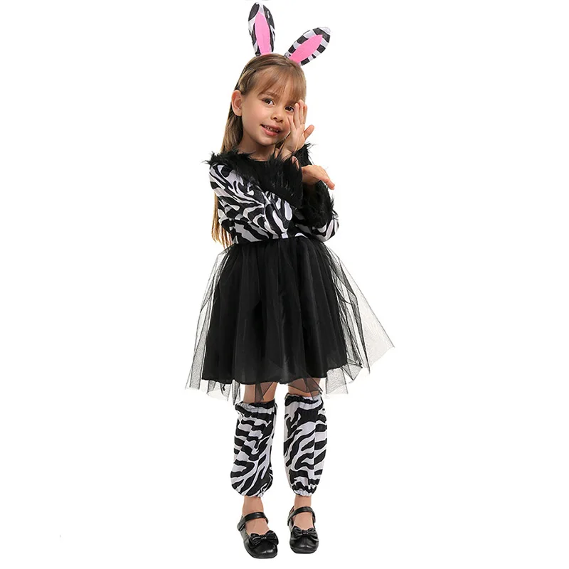 Costume da piccola Zebra per bambina abiti da animale festa con fascia per l'orecchio manica per gamba vestito da Tutu da ragazza Cosplay di Halloween