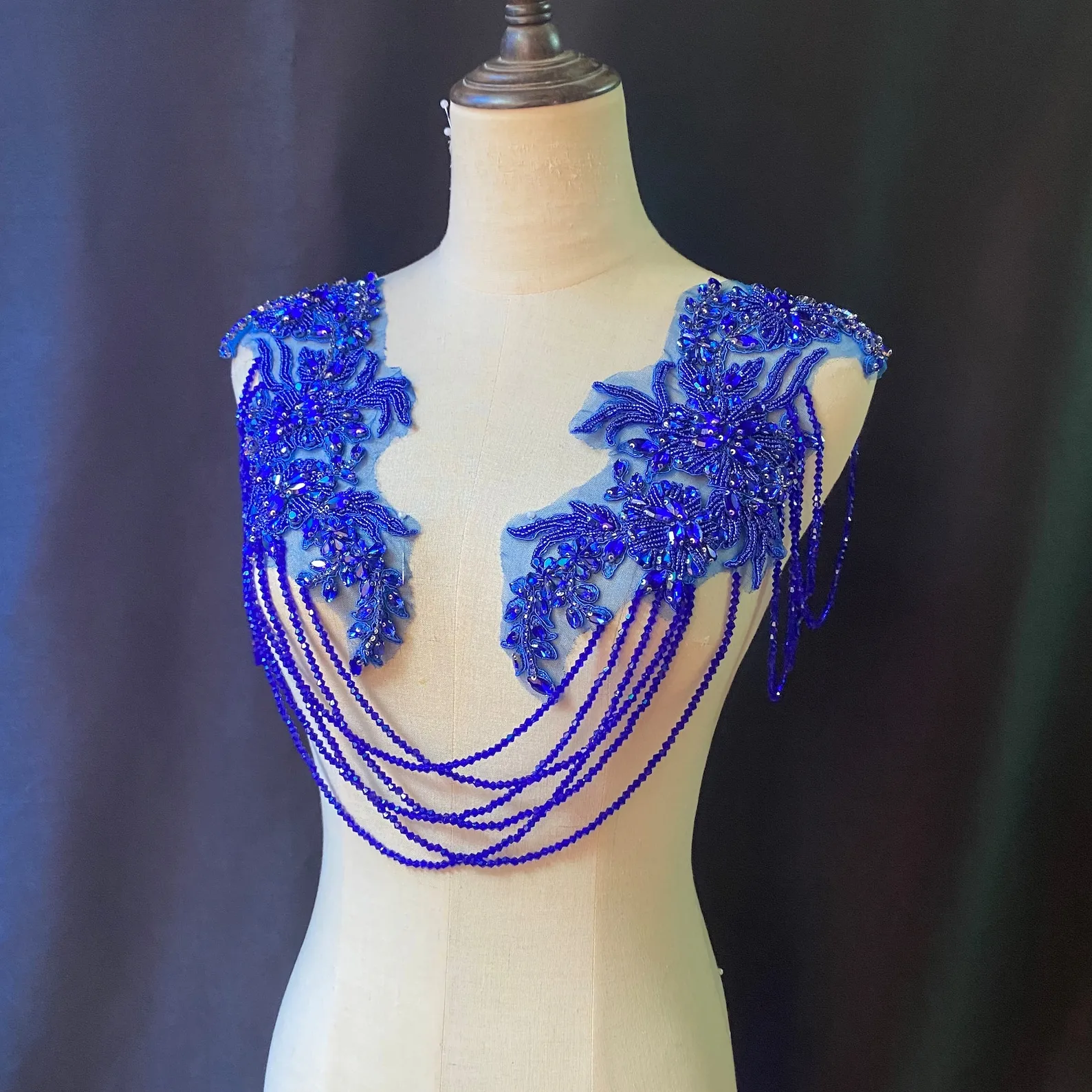 Blue Rhinestone Applique With Chains, Body Jewelry Wedding Panel Wedding Dress, Dance Costume