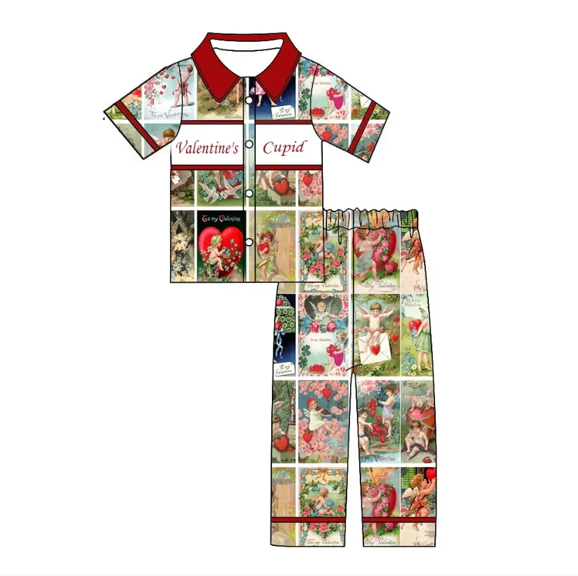 High Quality Valentine's Day Children's Short-Sleeved Outfit with Heart-Shaped Pocket and Heart Print for Girls