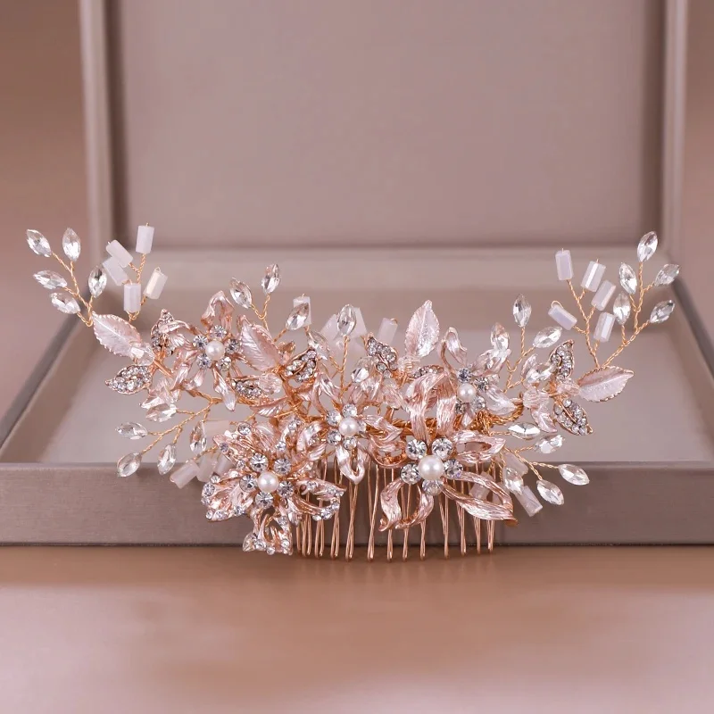 Modne różowe złoto Rhinestone ślubne grzebienie do włosów akcesoria do włosów dla nowożeńców kryształowa chluba ozdoby do włosów ślubna biżuteria do włosów — zdjęcie 2