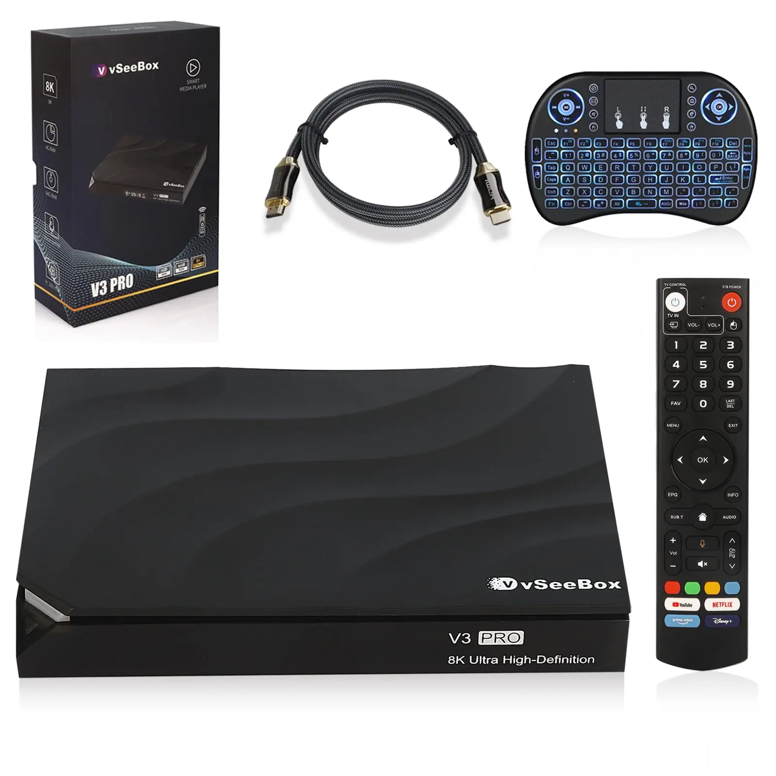 حار بيع اشتر 2 واحصل على 1 مجانًا vSeeBox V3 Pro Bundle 8K HDMI، بطاقة/محرك 64 جيجابايت، موسع WiFi، لوحة المفاتيح