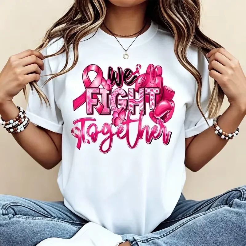 Round Neck Breast Cancer Awareness Sports T-Shirt - Pink Ribbon Boxing Gloves Print, Support & Charity Walk Gift