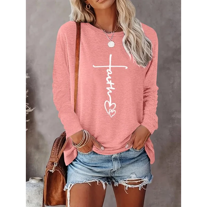 Women's Letter & Heart Print Round Neck Tee Casual Long Sleeve Crew Neck T-shirt for Fall Fashion Women's Top for Daily Wear