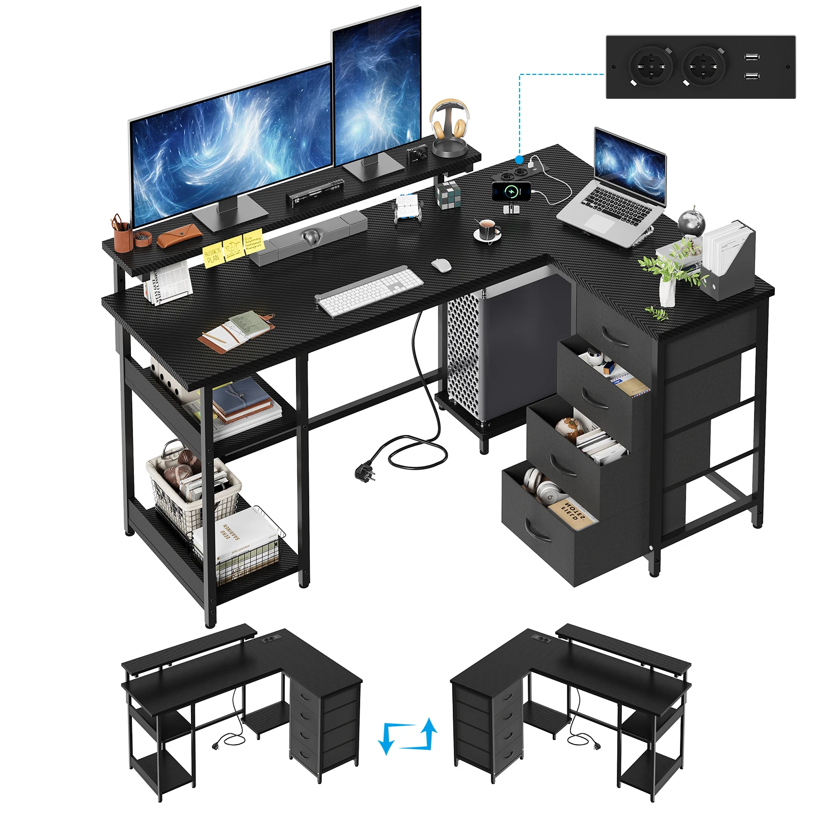 Devoko Gaming bureau L-vormig met LED, 2 stopcontacten, 2 USB, 4 laden en omkeerbaar hoekontwerp