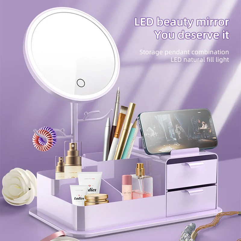 

Drawer-type makeup mirror storage box with mirror desktop home large capacity lipstick mobile phone storage rack