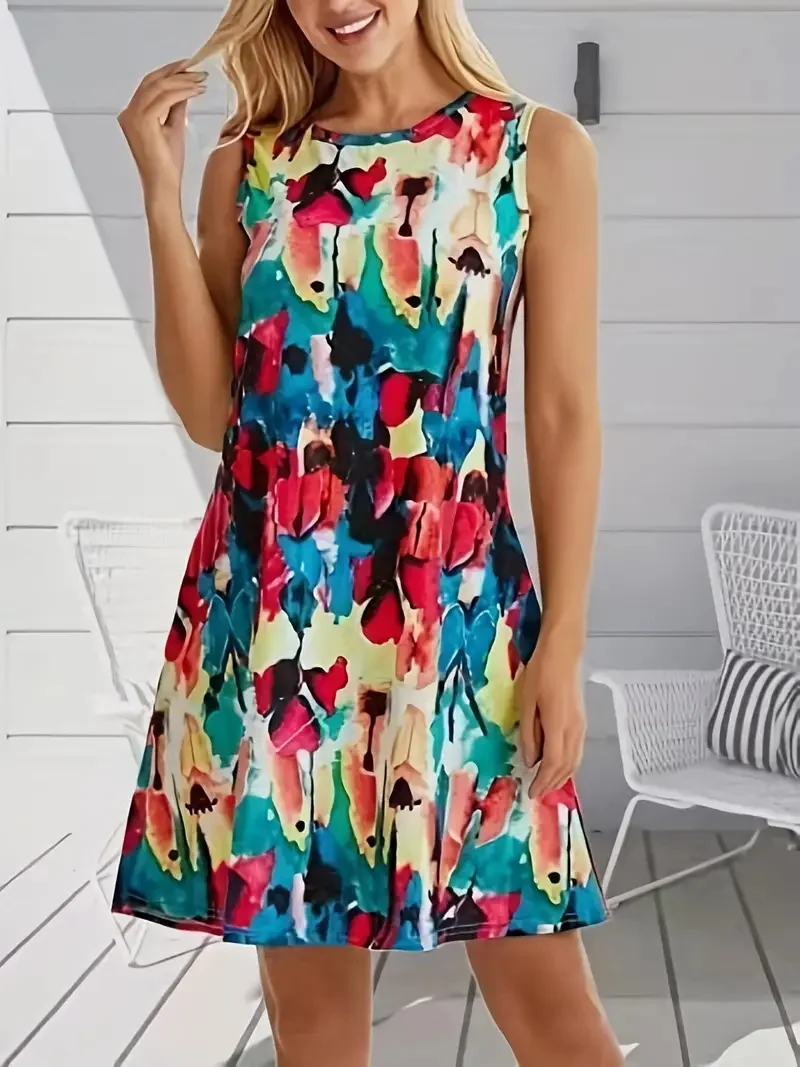 Summer Simple Colorful Floral Print Sleeveless Vest Dress Spring And Summer Vacation Style Sleeveless Suspender Dress For Women
