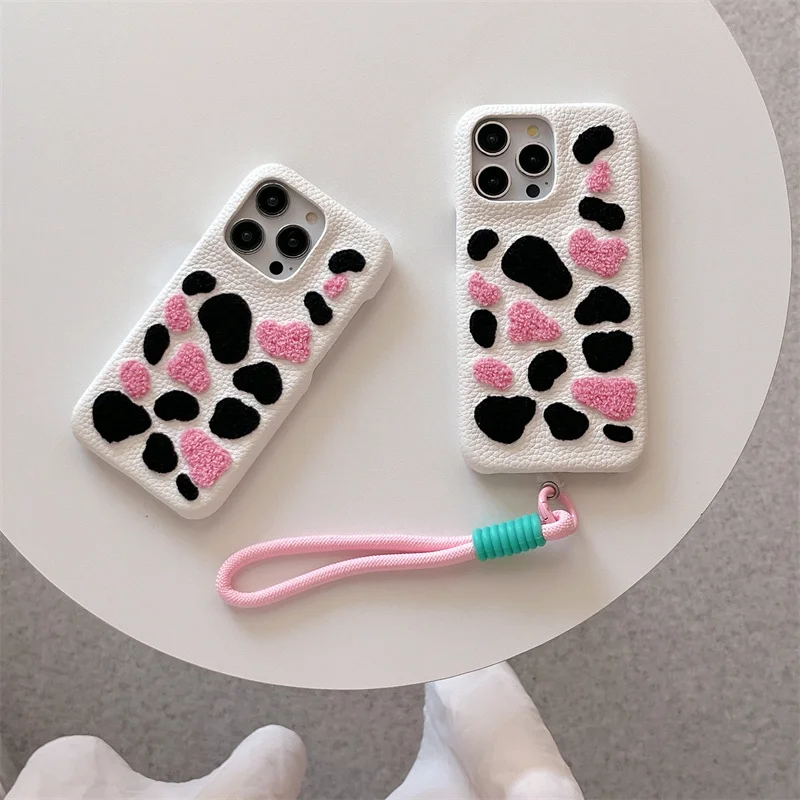 Leather print 3D cute Plush Cow case for iPhone 13 Pro Max 11 12pro 14 15 16plus 16 15 14promax 15pro 16 cartoon strap lappel