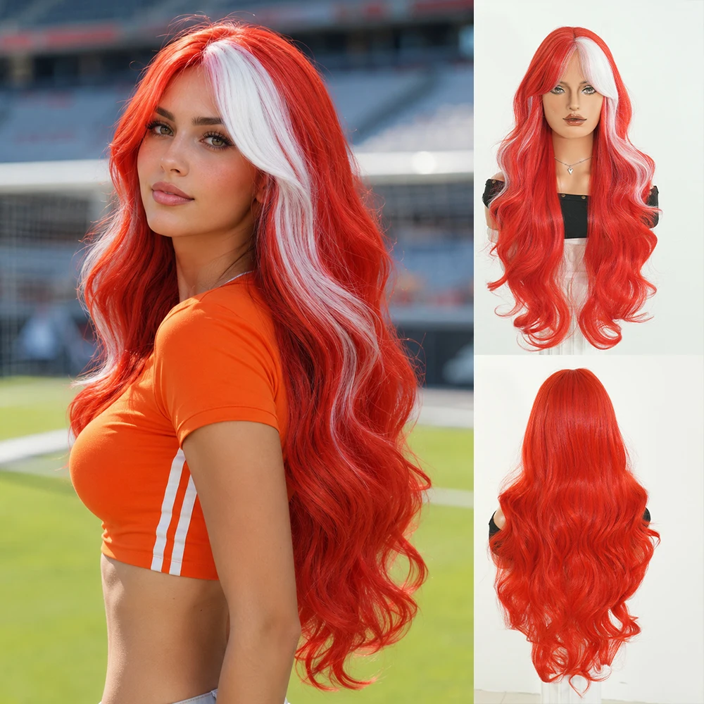 

World Cup Wig Long Water Wave Red Highlight White Wig for Women Synthetic Layered Middle Part Soccer Fan Wigs with Curtain Bangs