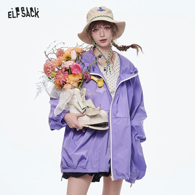 ELFSACK 2025 Spring New Arrivals Original Girls Printed Mid-Length Hooded Light Jacket Women Loose Female Outerwear